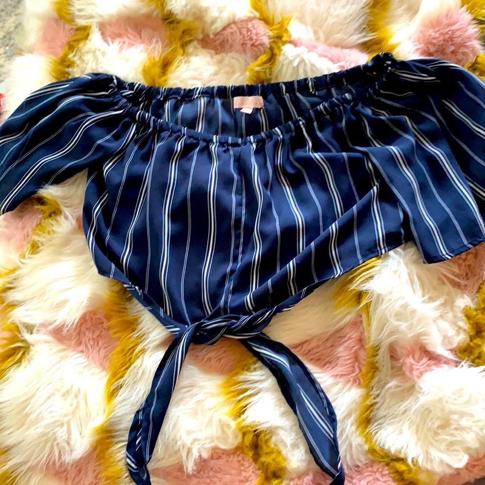 Blue and White stripe tie cropped shirt